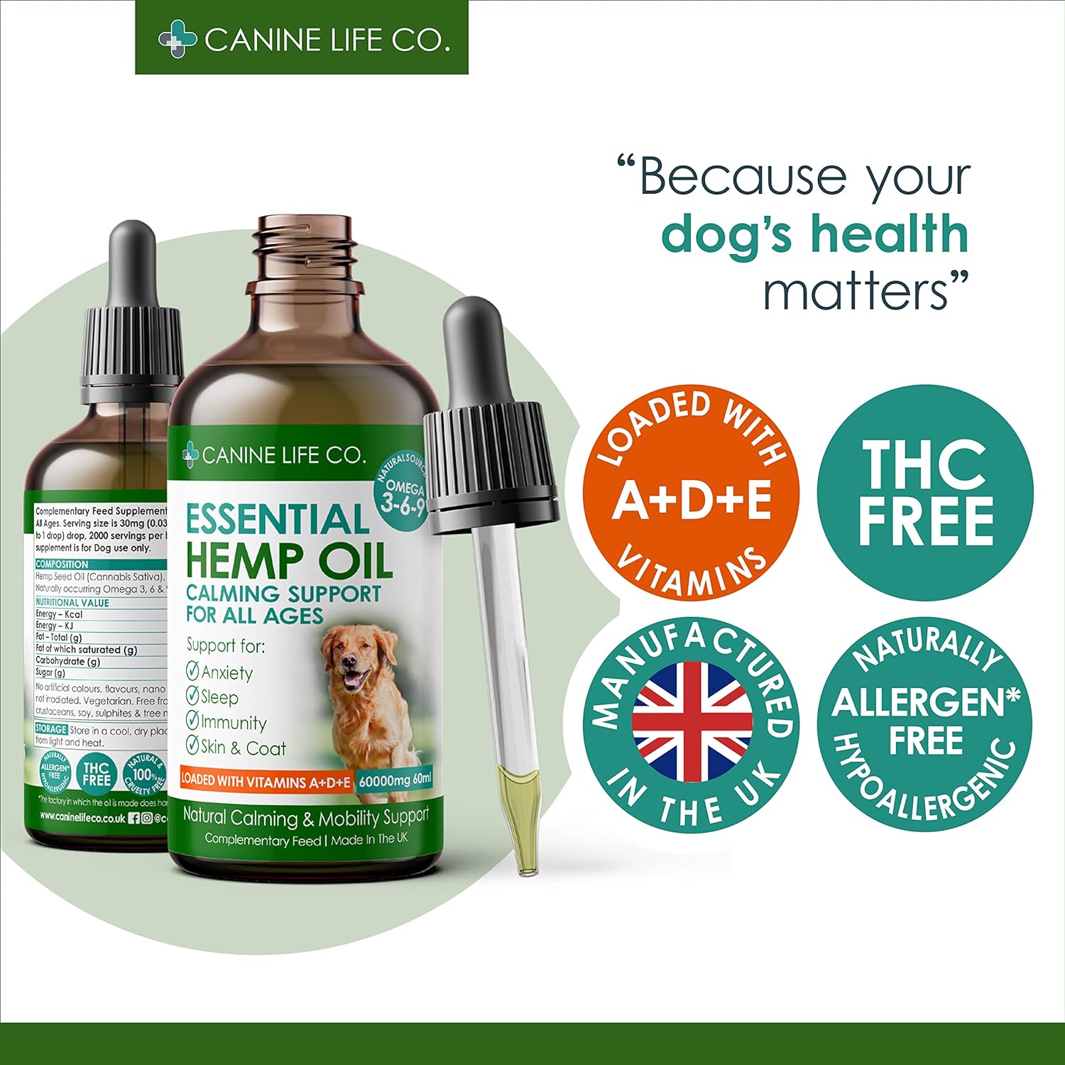  Canine Life Co.® Hemp Oil For Dogs 60ml, 60,000mg | Dog Calming Supplement |Dog Calming Drops | Omega 3,6,9 For Dogs | Supports & Maintains Healthy...