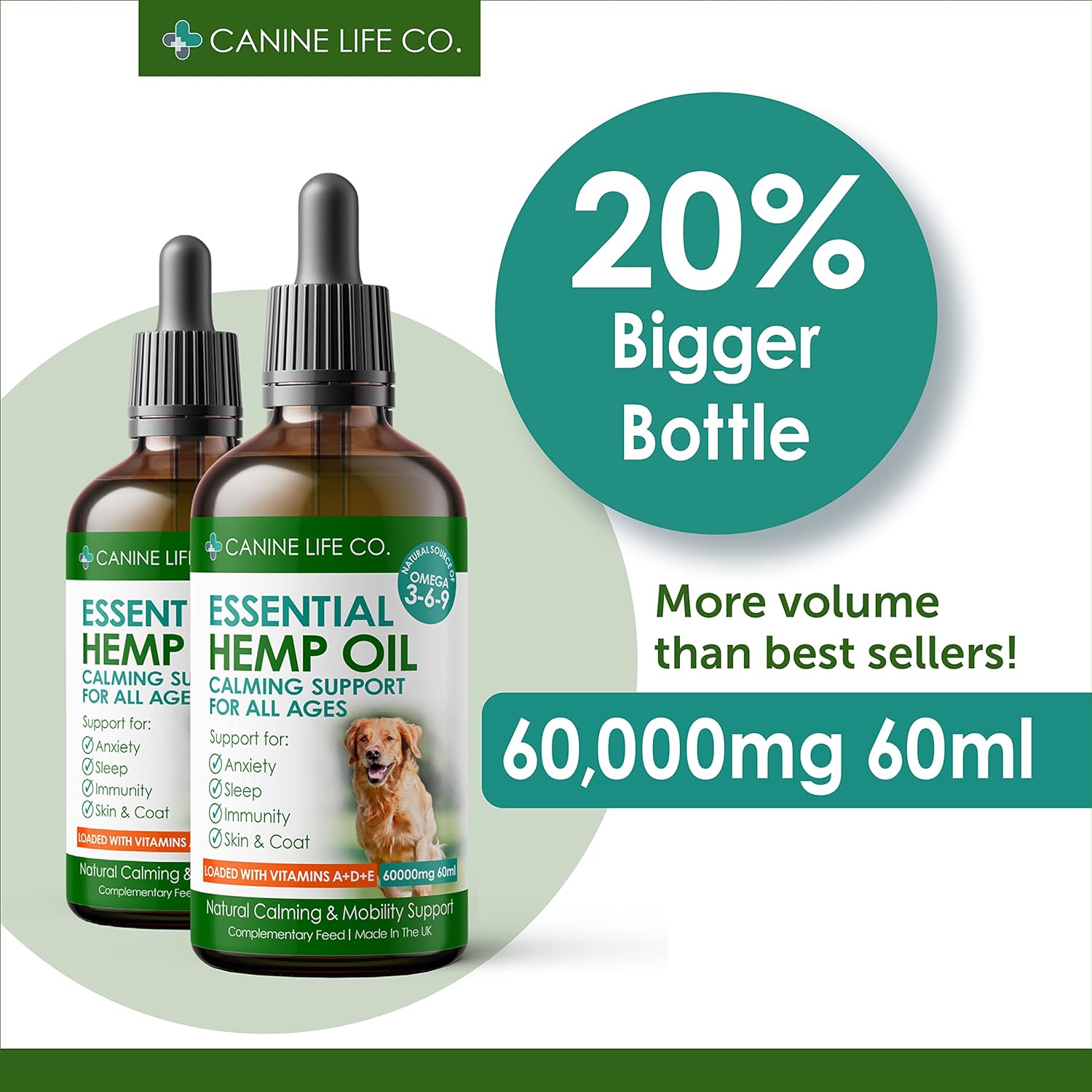  Canine Life Co.® Hemp Oil For Dogs 60ml, 60,000mg | Dog Calming Supplement |Dog Calming Drops | Omega 3,6,9 For Dogs | Supports & Maintains Healthy...