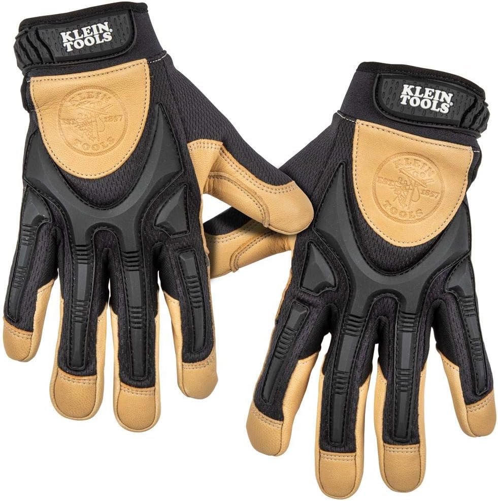 Klein Tools 60188 Work Gloves, Professional Grade Leather Gloves with Knuckle and Finger Protection, Thumb Reinforcement, Mesh Back, Large