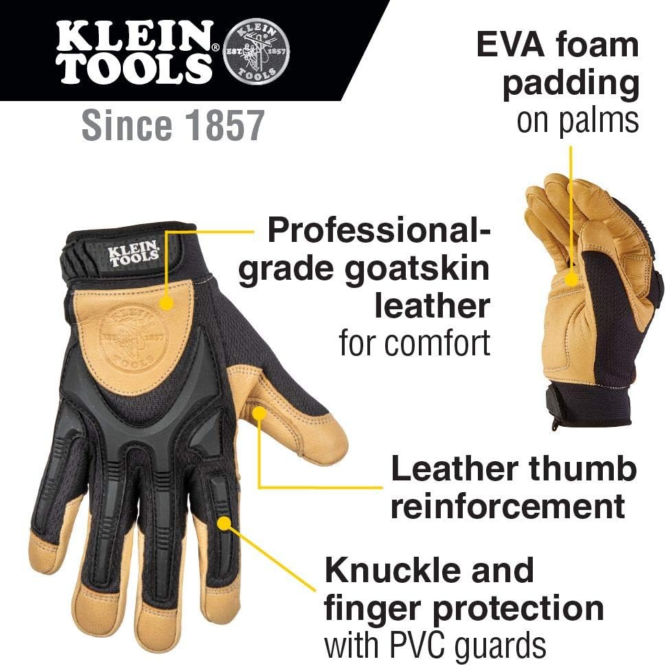  Klein Tools 60188 Work Gloves, Professional Grade Leather Gloves with Knuckle and Finger Protection, Thumb Reinforcement, Mesh Back, Large