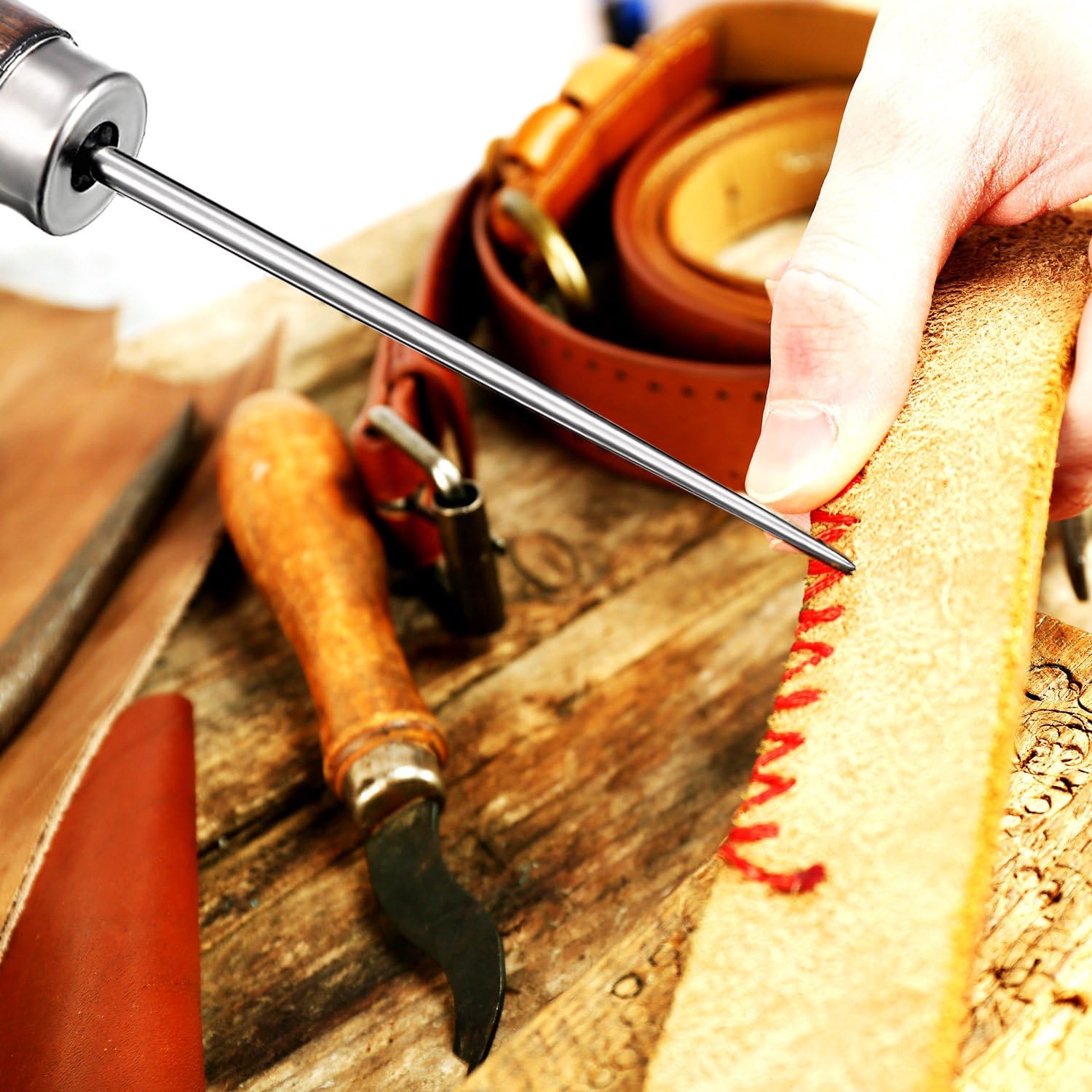  4 Pack Awl Tool Gourd Shape Wooden Handle Scratch Awl Tool Pin Punching for Leather Craft Cloth Pouch Hole DIY Handmade Maker Tool