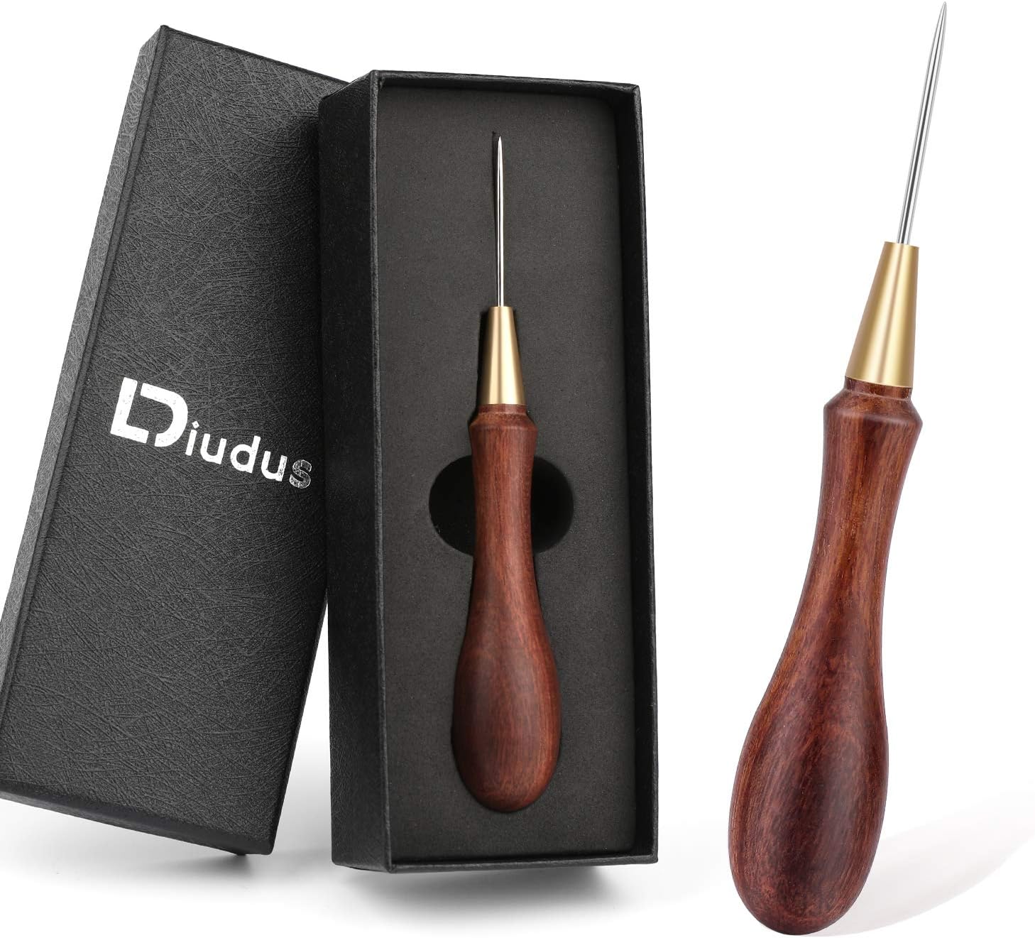 DIUDUS Leather Wooden Handle Scratch Awl, Wooden Handle Scratch Awl Tool, Leather Sewing Awl for Leather Punch Hole or DIY Handmade