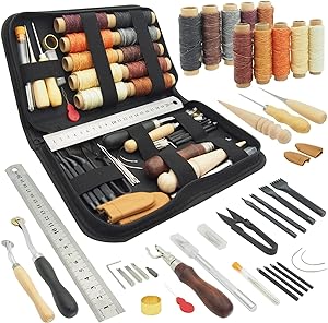  PLANTIONAL Leather Working Tools for Beginners: Professional Leather Craft Kit with Waxed Thread Groover Awl Stitching Punch for Leathercraft Adults Gifts
