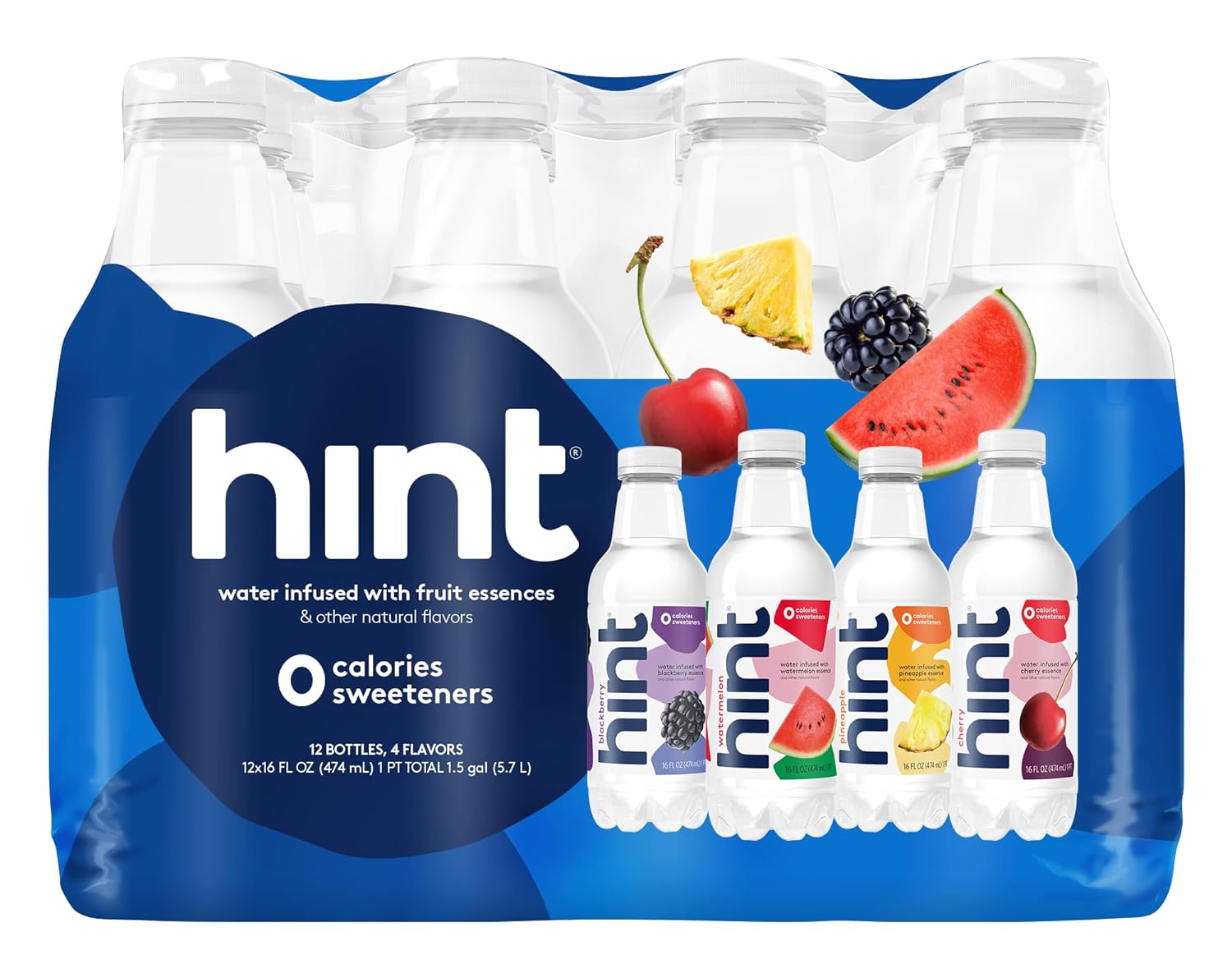 Hint Water Best Sellers Pack (Pack of 12), 16 Ounce Bottles, 3 Bottles Each of: Watermelon, Blackberry, Cherry, and Pineapple, Zero Calories, Zero Sugar and Zero Sweeteners