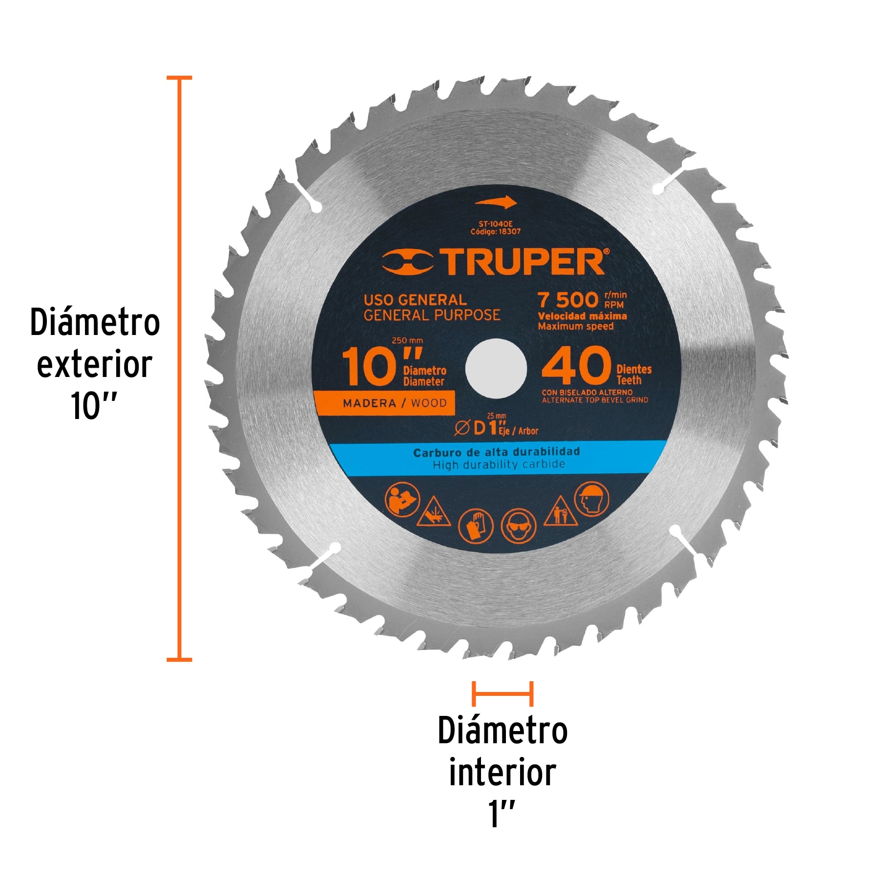 Disco sierra 10" para madera, 40 dientes centro 1", Truper