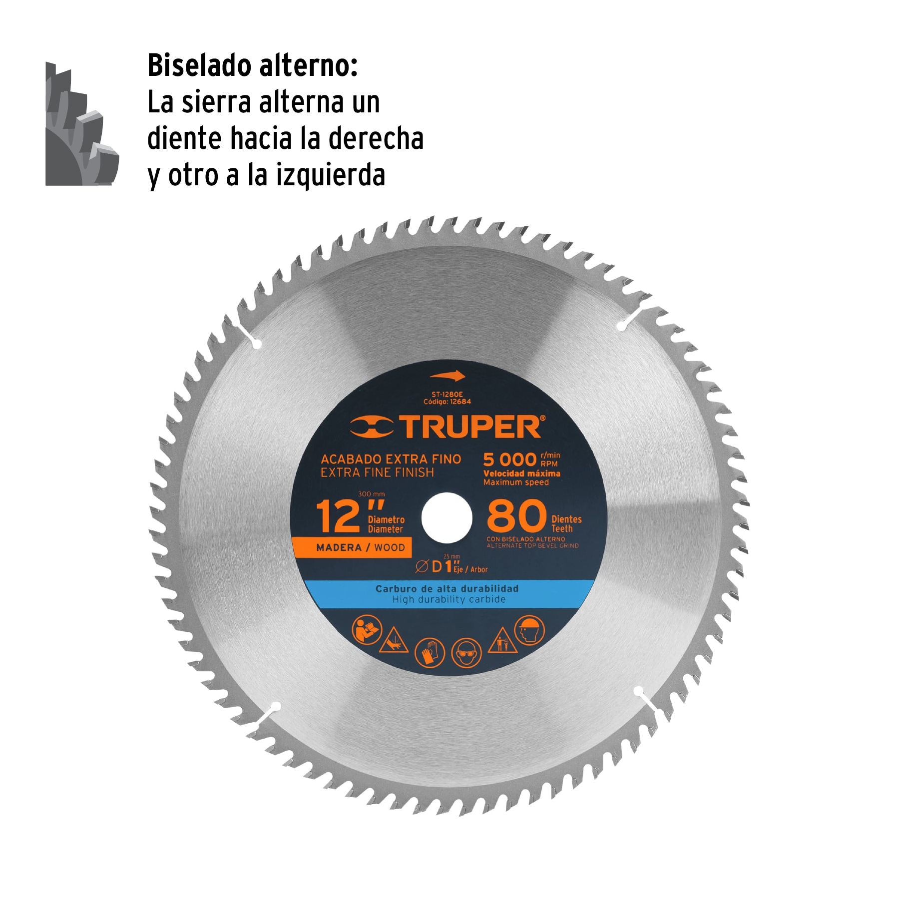 Disco sierra 12" para madera, 80 dientes centro 1", Truper