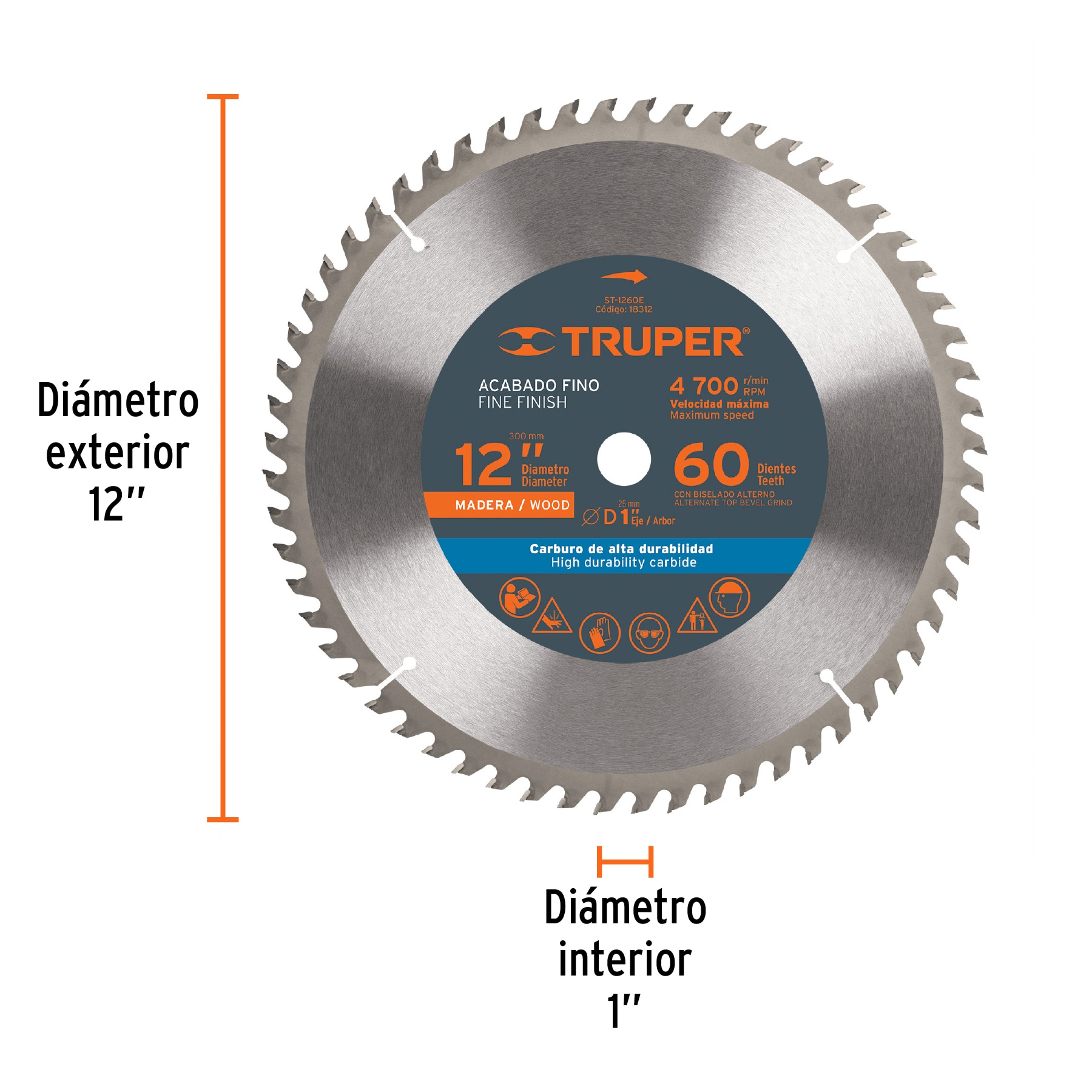 Disco sierra 12" para madera, 60 dientes centro 1", Truper