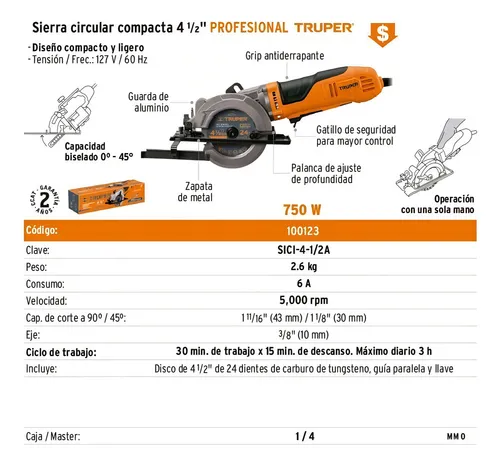 Sierra circular eléctrica Truper Profesional SICI-4-1/2A 100123 114mm 750W naranja 60Hz
