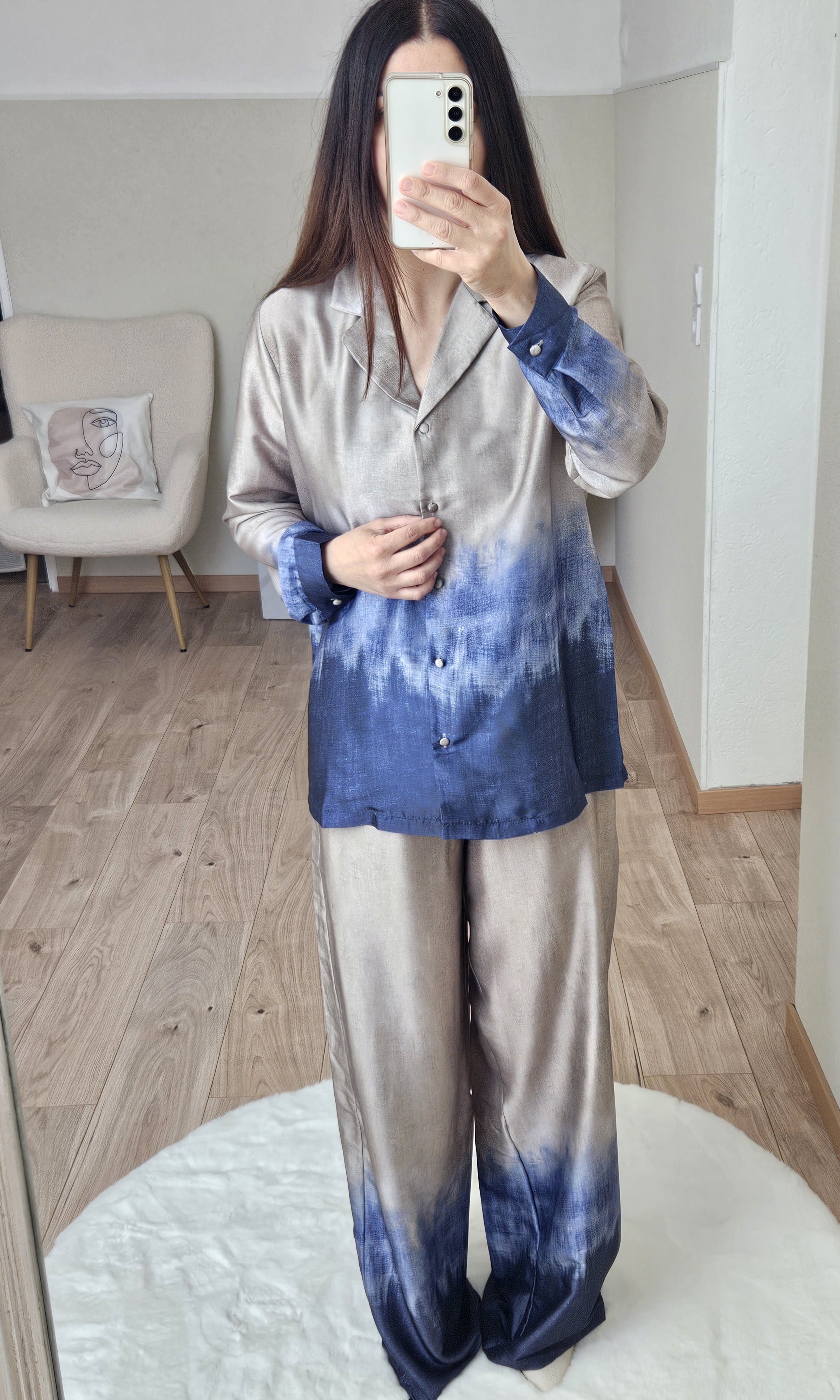 Ensemble satiné beige/bleu