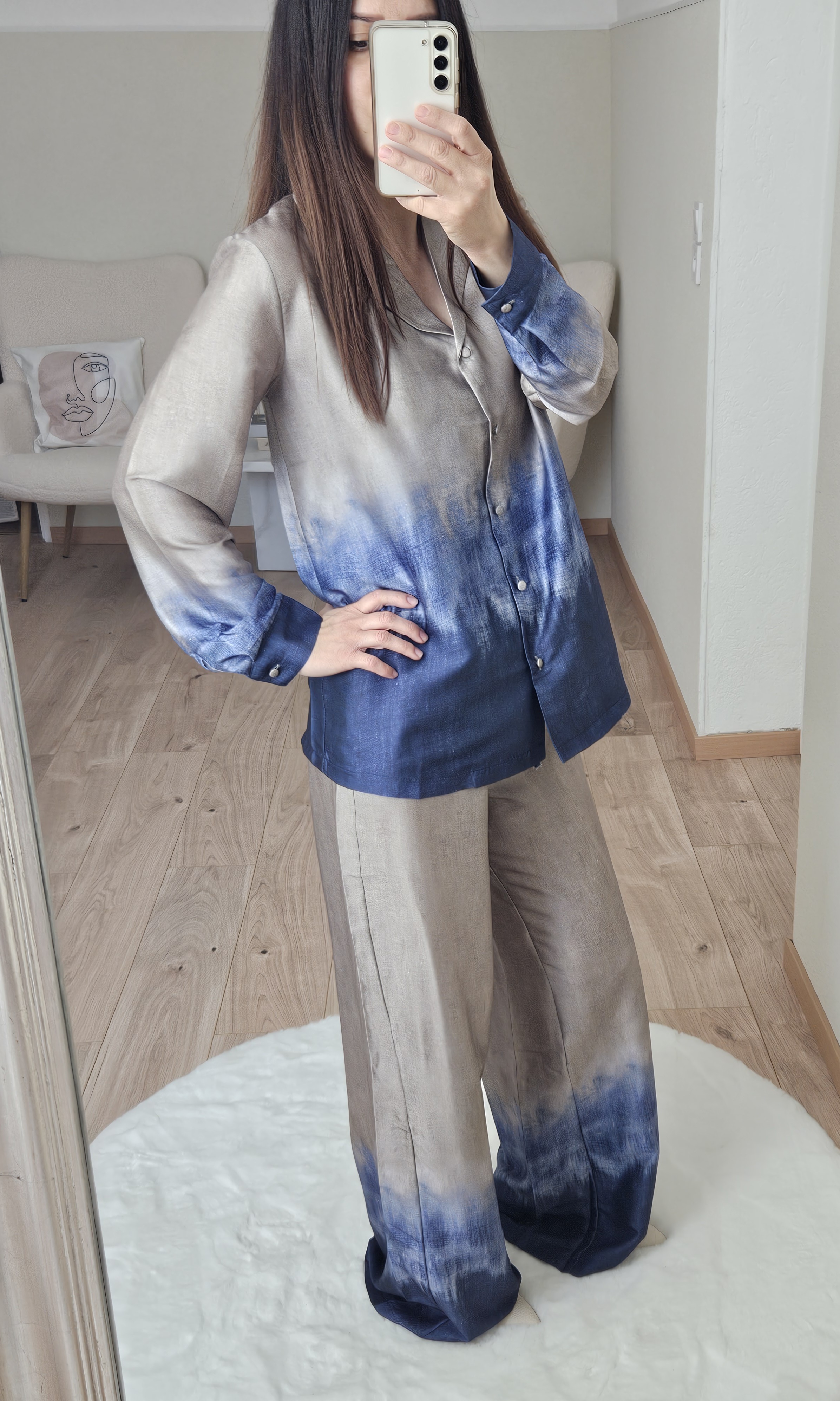 Ensemble satiné beige/bleu