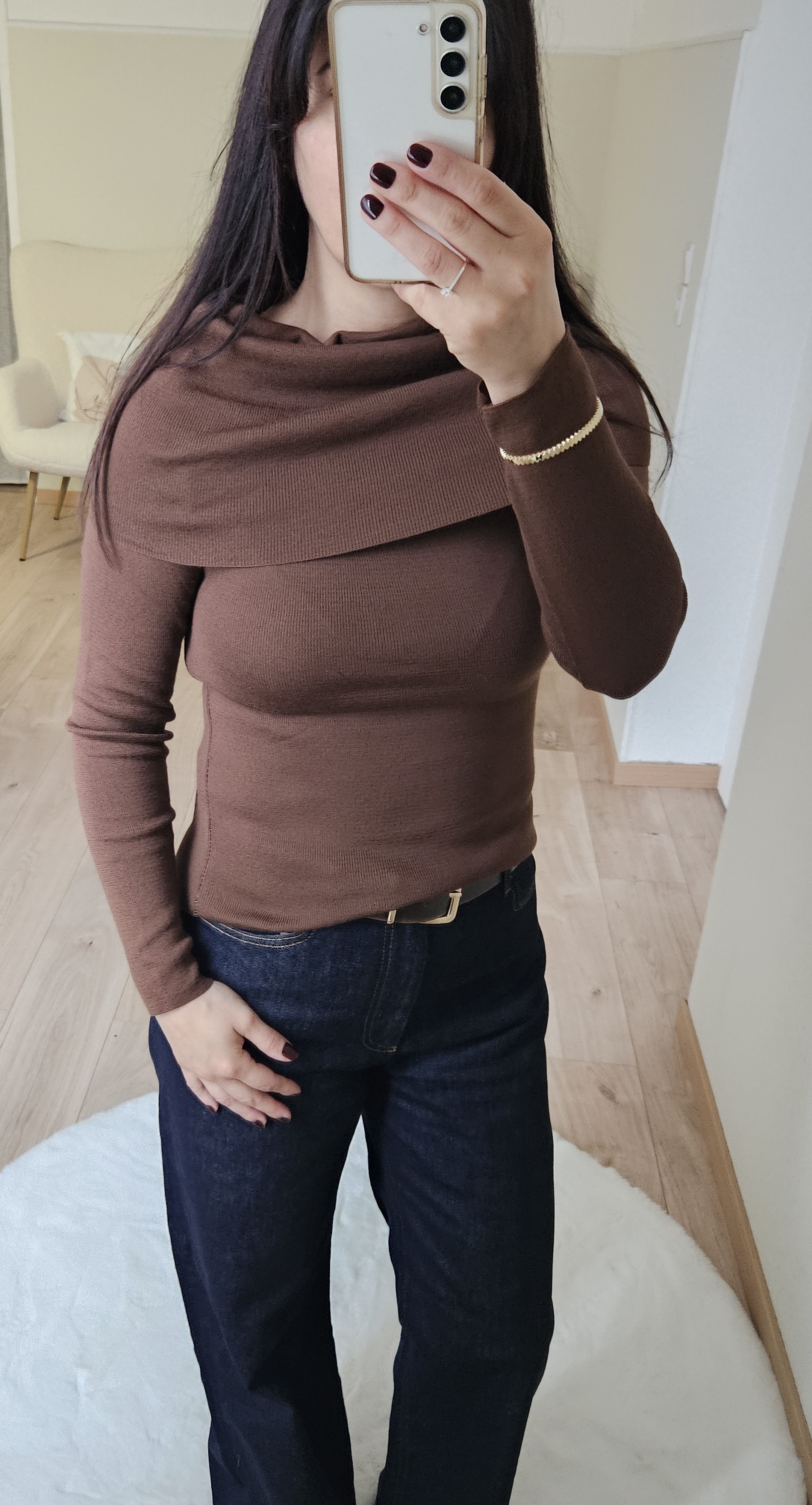 Pull à col bardot brun