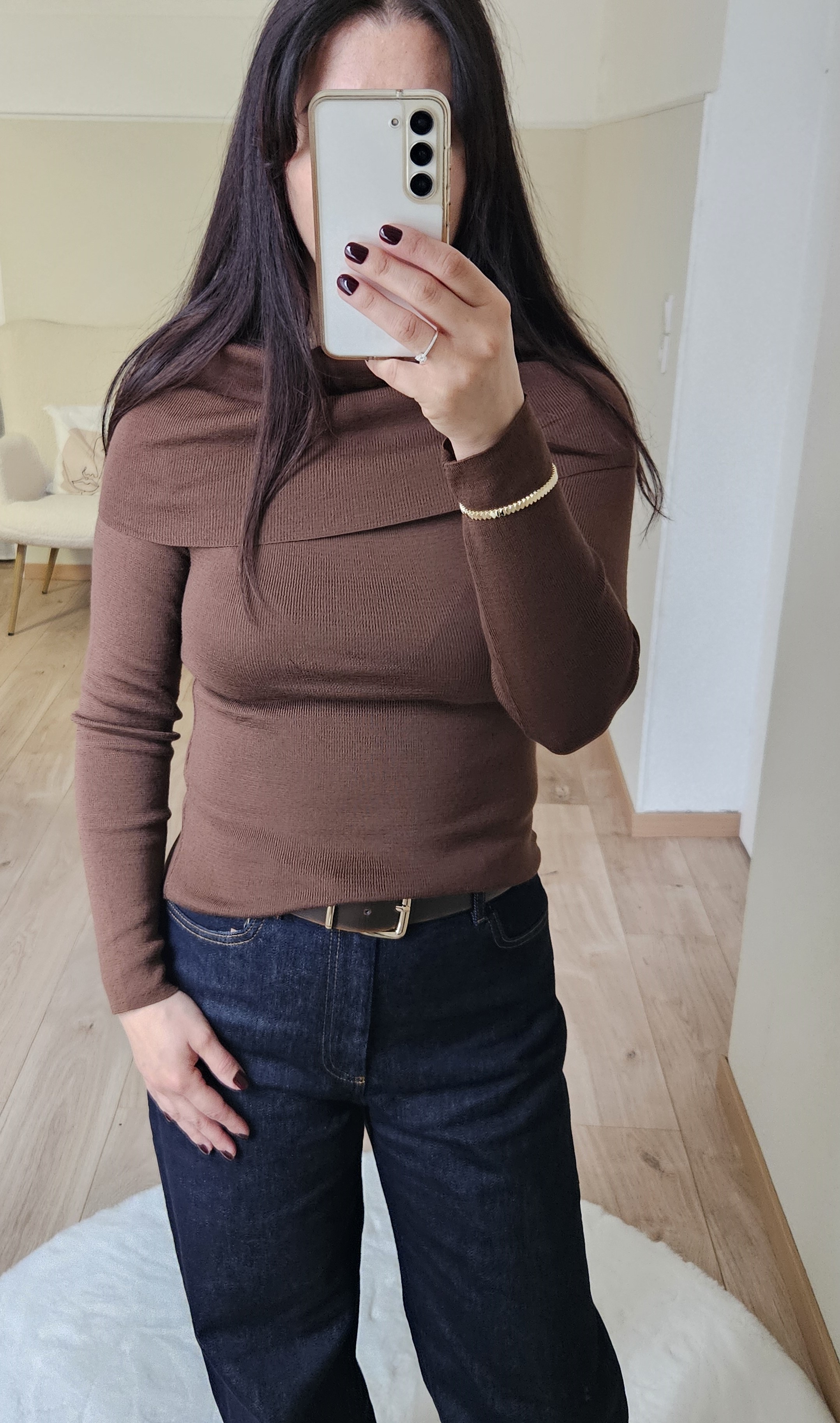 Pull à col bardot brun