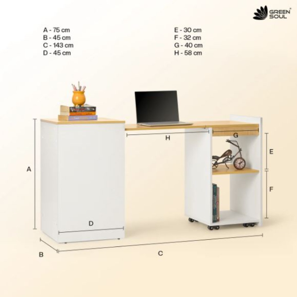 Green Soul Kyoto 4.6ft Study Table with Space-Saving Design