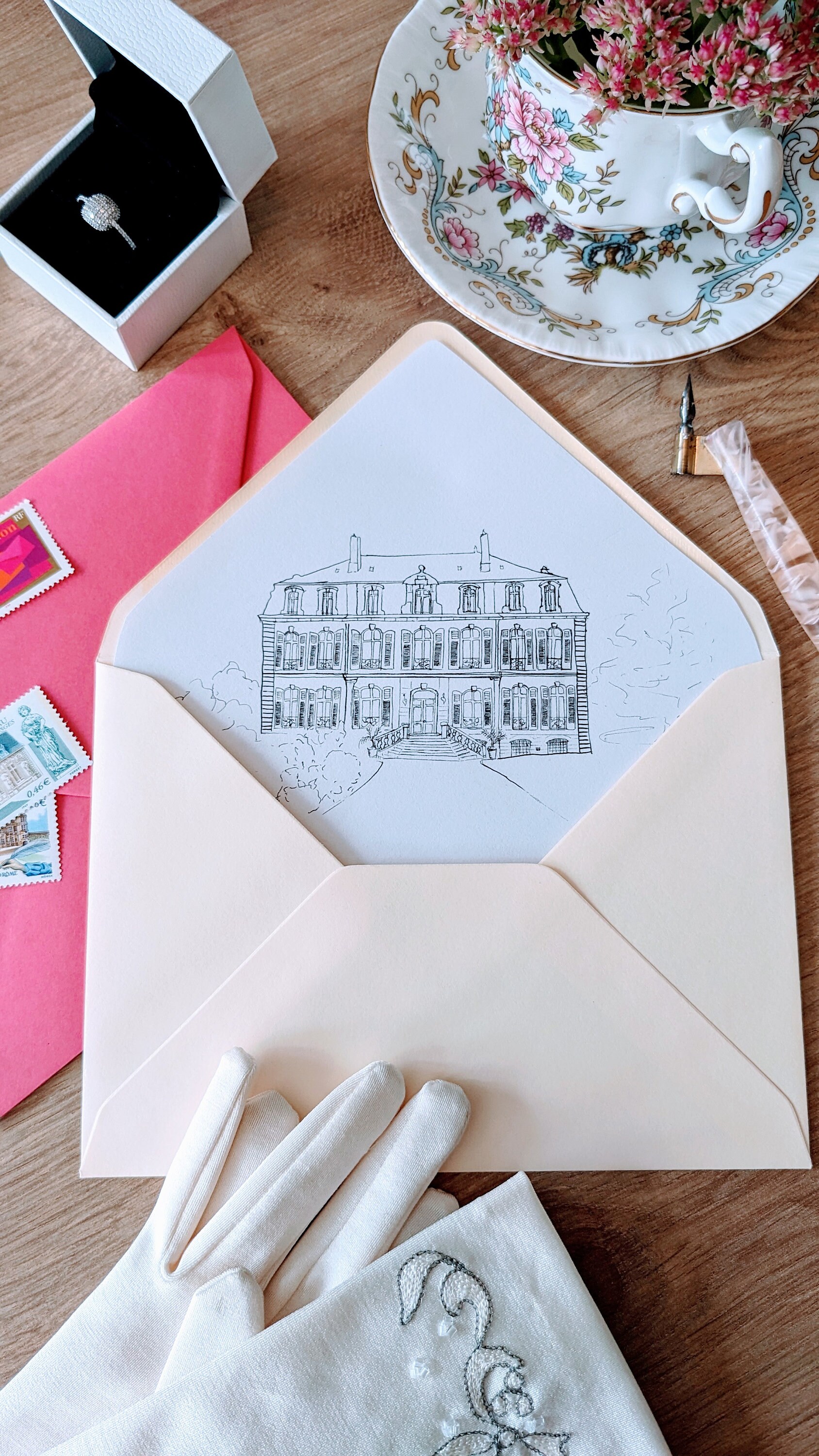 PEINT A LA MAIN Doublure d'enveloppe personnalisée, illustration de lieu de réception