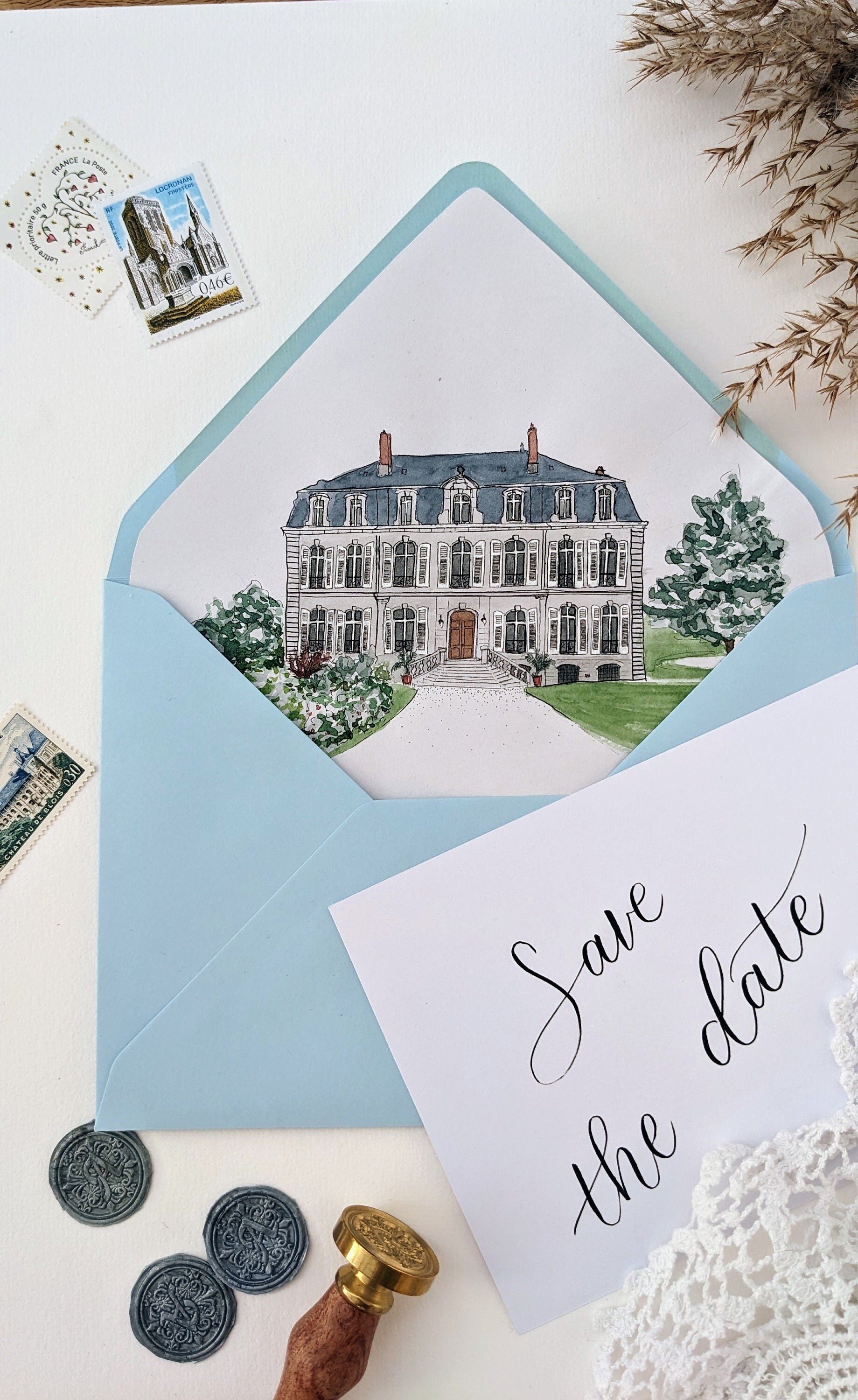 PEINT A LA MAIN Doublure d'enveloppe personnalisée, illustration de lieu de réception