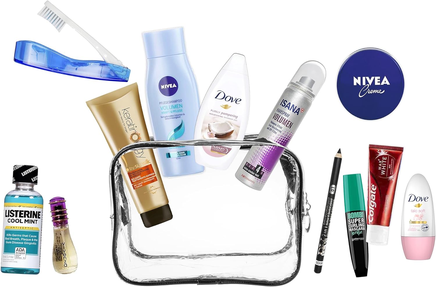 Kit de Viaje Esencial - Set Completo para Equipaje de Mano, Vacaciones, Viajes de Negocios y Emergencias | Estuche de Cosméticos de PVC