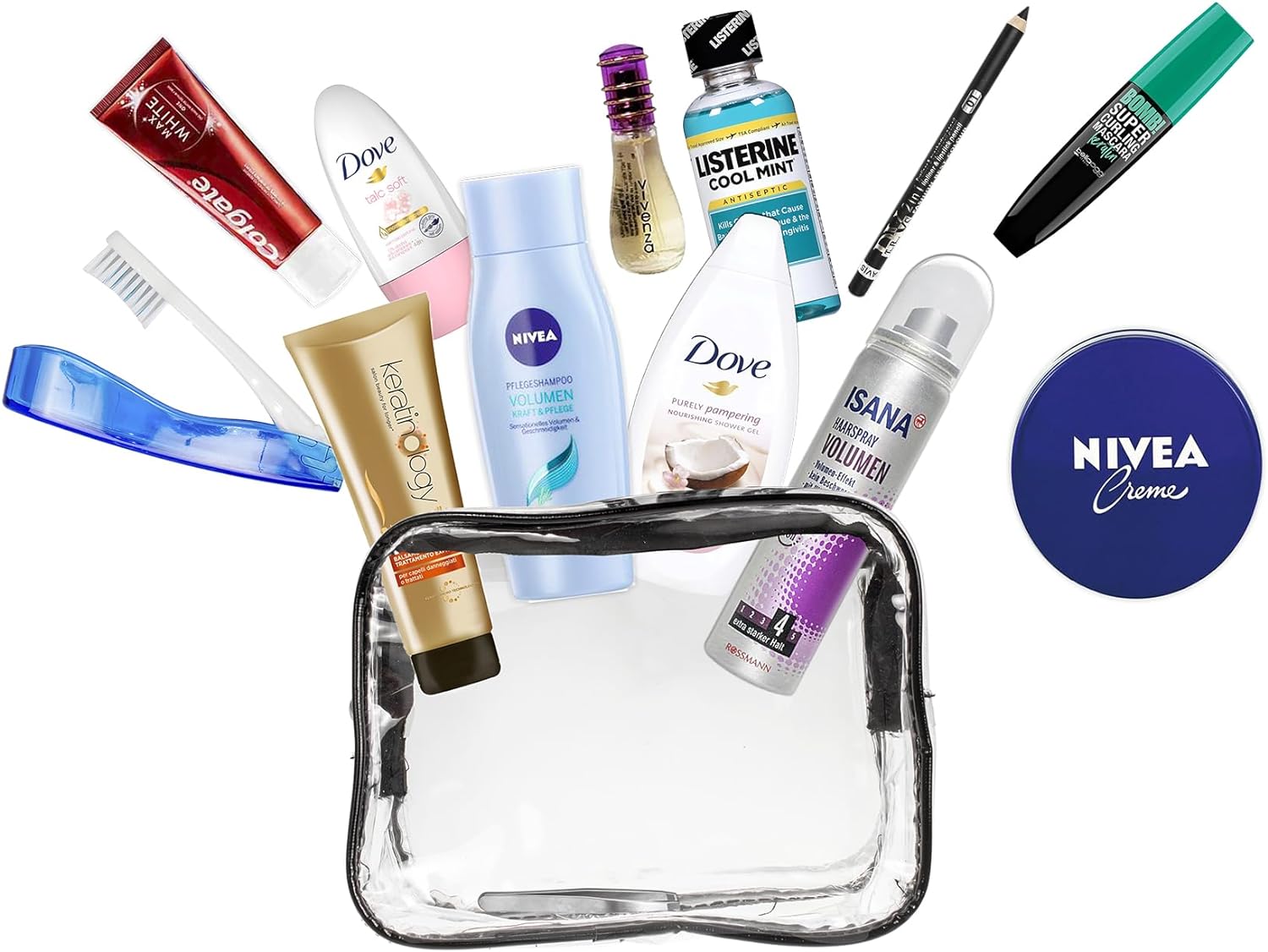 Kit de Viaje Esencial - Set Completo para Equipaje de Mano, Vacaciones, Viajes de Negocios y Emergencias | Estuche de Cosméticos de PVC