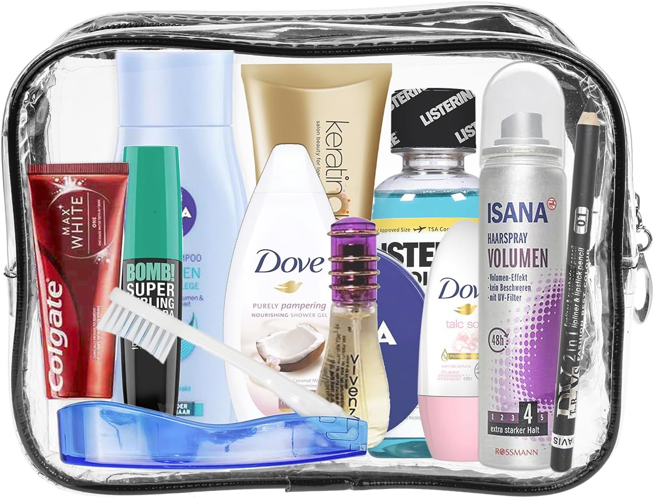 Kit de Viaje Esencial - Set Completo para Equipaje de Mano, Vacaciones, Viajes de Negocios y Emergencias | Estuche de Cosméticos de PVC
