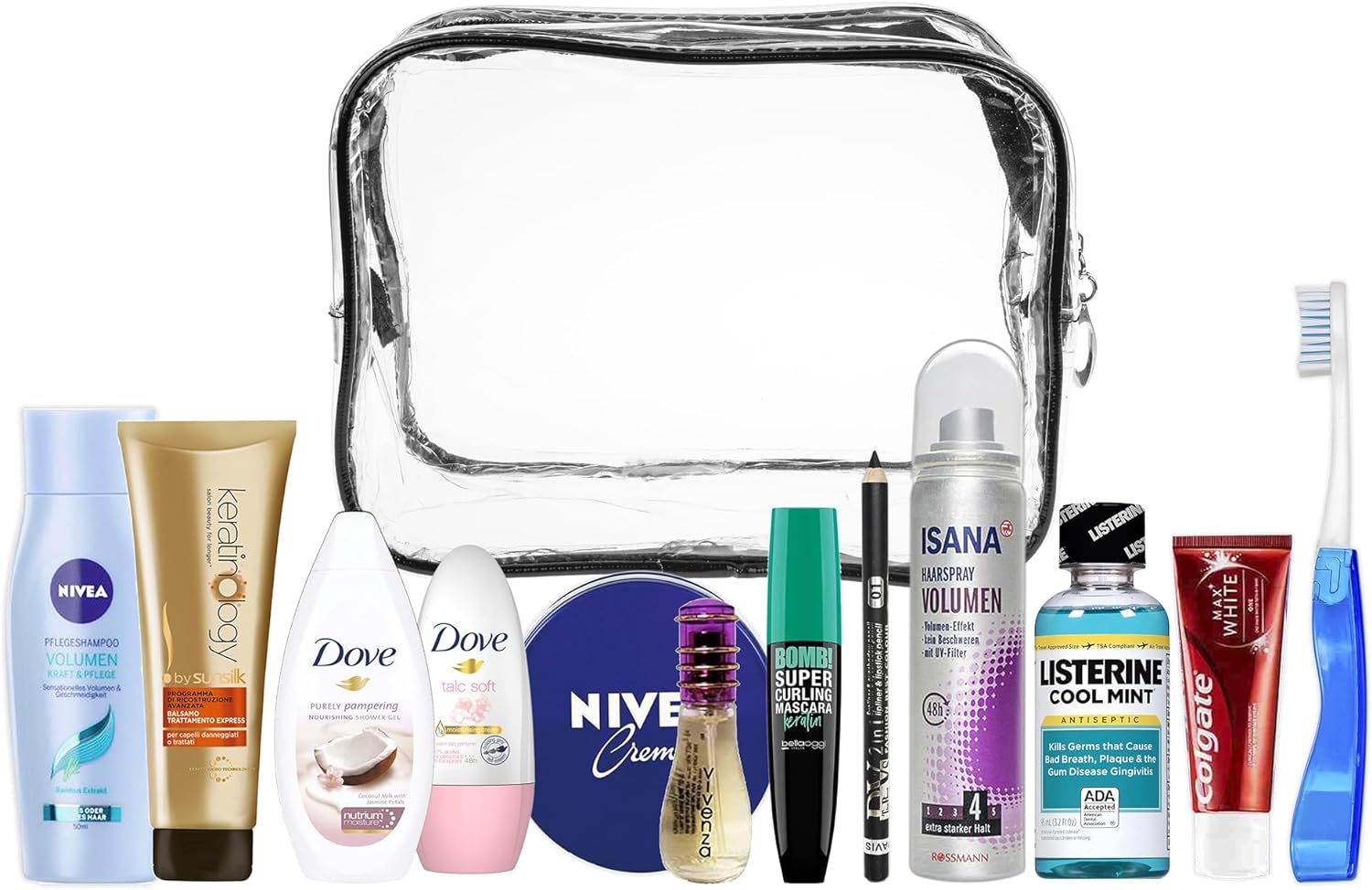 Kit de Viaje Esencial - Set Completo para Equipaje de Mano, Vacaciones, Viajes de Negocios y Emergencias | Estuche de Cosméticos de PVC