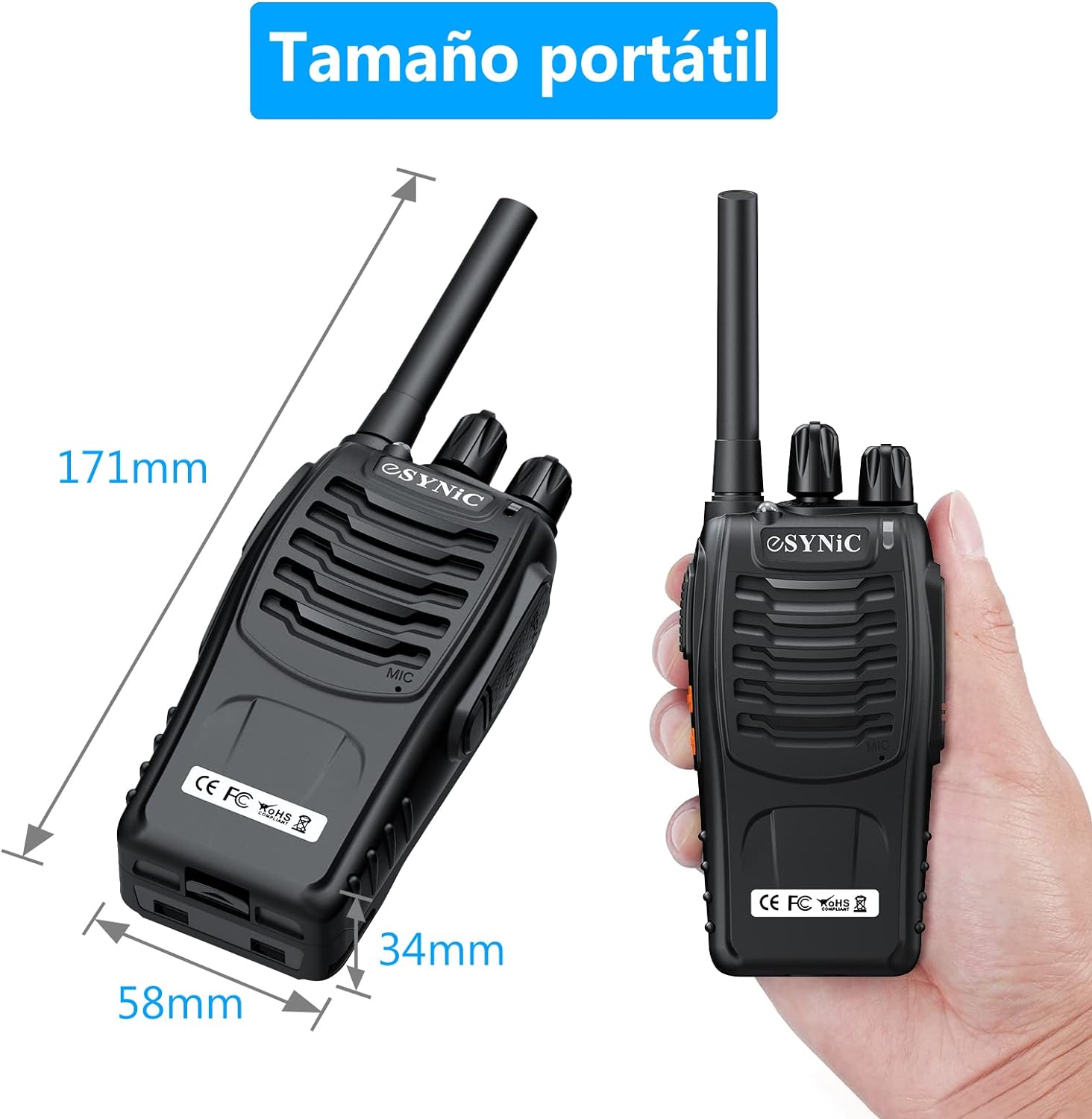 eSynic Walkie Talkies Profesionales | Pack de 2PCS con Largo Alcance para Emergencias y Comunicación Segura - Compactos y Duraderos