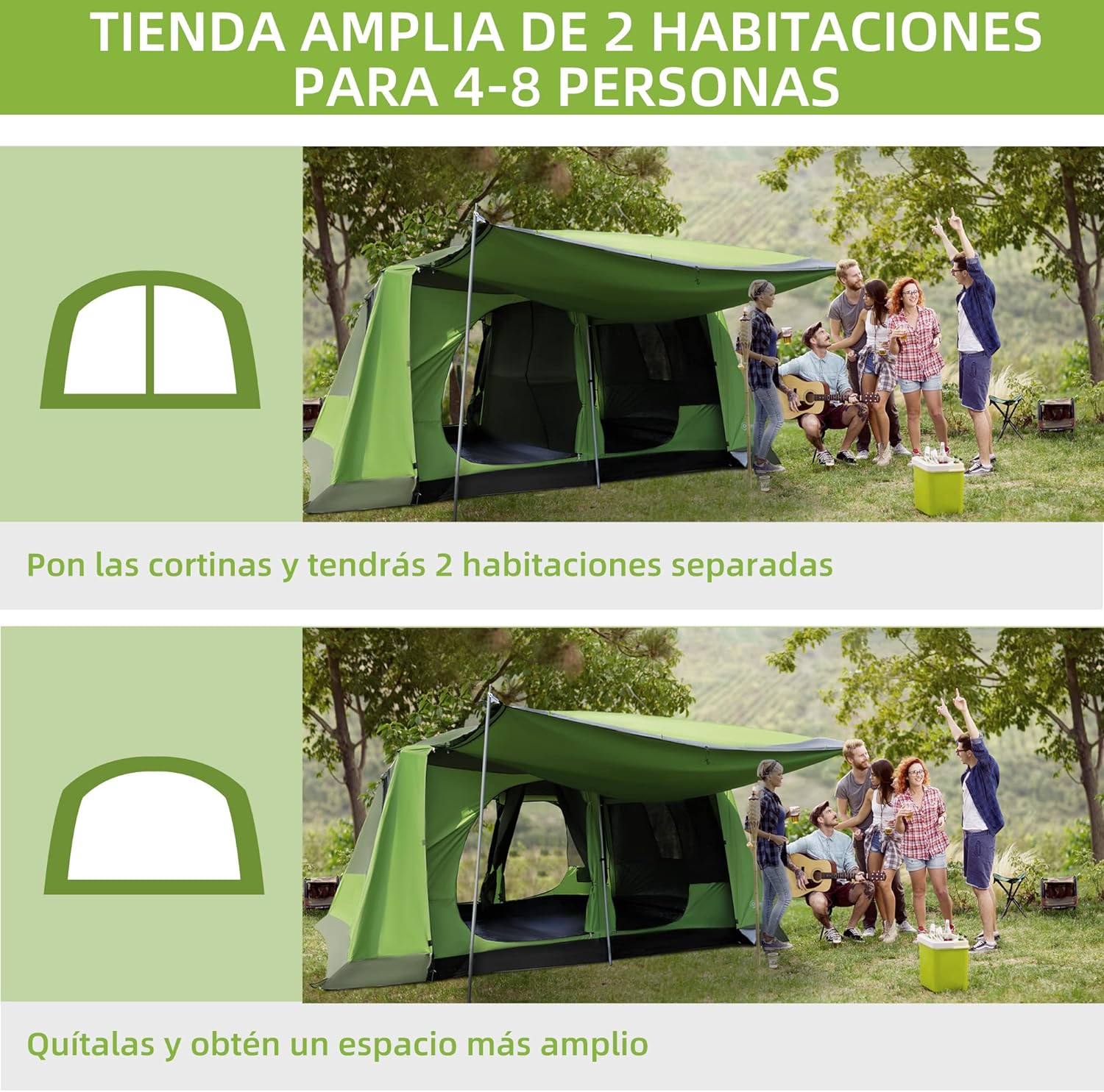 Outsunny Tienda de Campaña Familiar para 4-8 Personas | Impermeable, Anti-UV y Espaciosa | 405x305x225 cm - Perfecta para Camping y Acampada con Mosquitera y Bolsa de Transporte