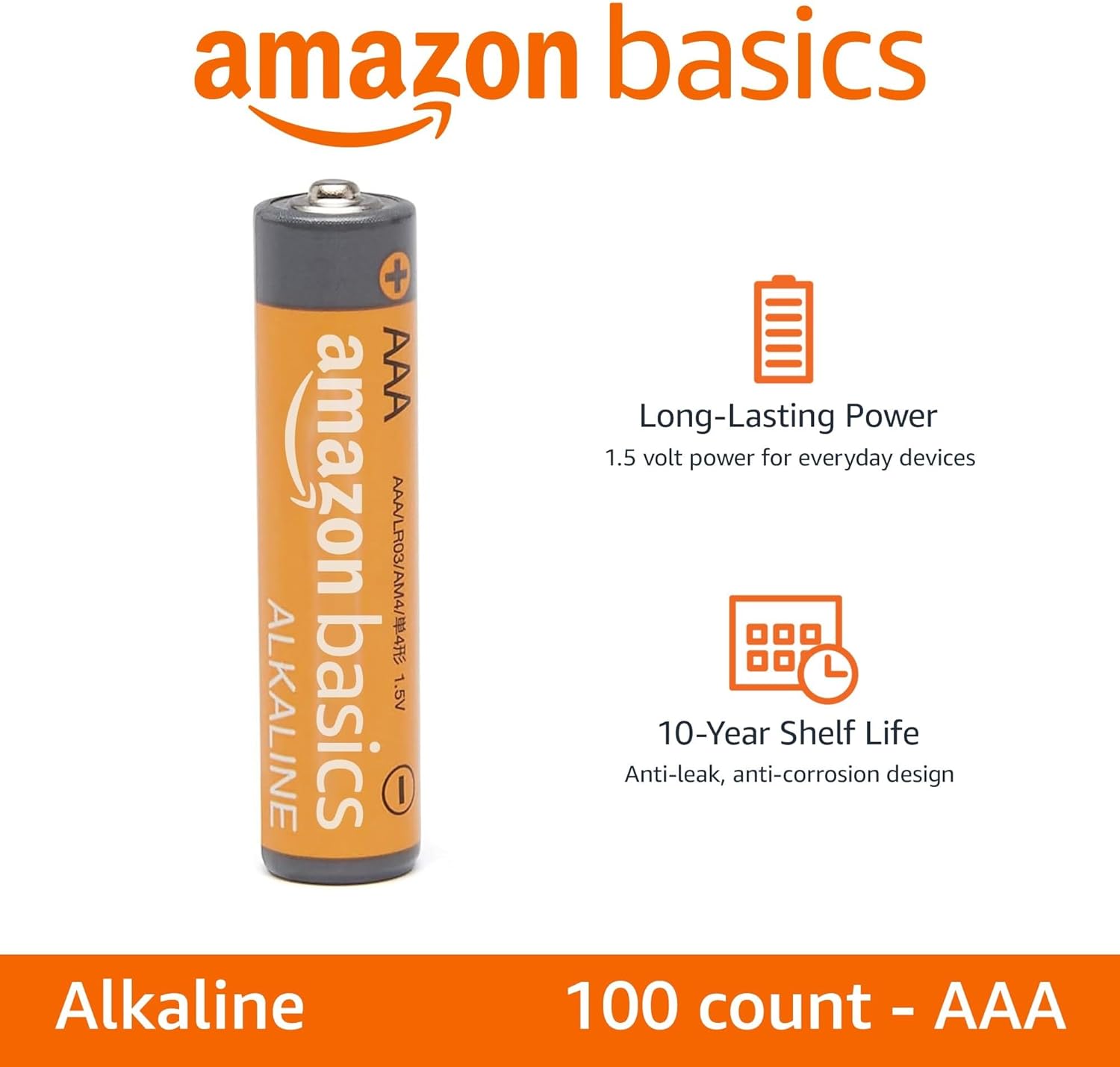 Amazon Basics - 100 Pilas Alcalinas AAA de 1,5V: Energía Duradera y Confiable para Todos tus Dispositivos