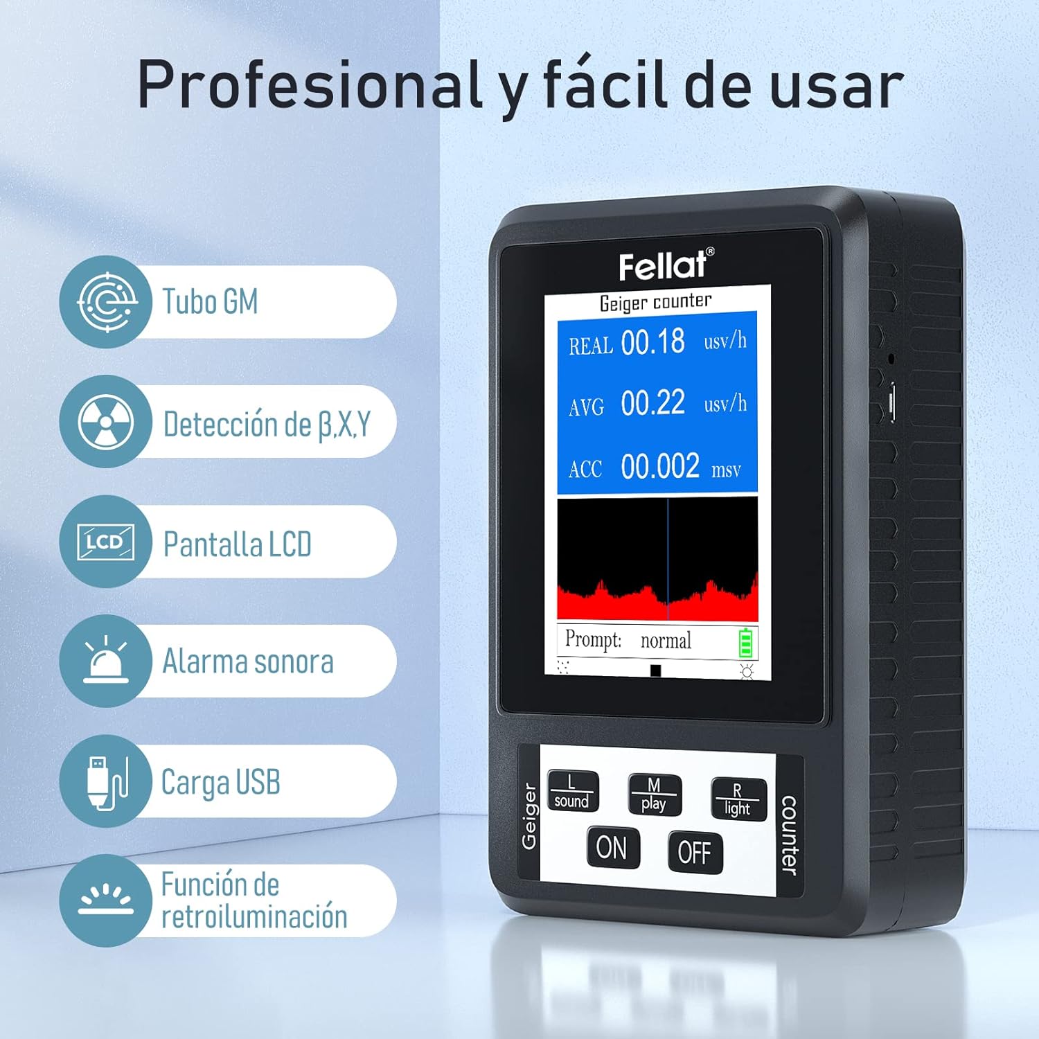 Contador Geiger Portátil Fellat: Detector Digital de Radiación Nuclear con Pantalla LCD Grande para Alta Sensibilidad y Precisión en Monitoreo Beta, Gamma y Rayos X