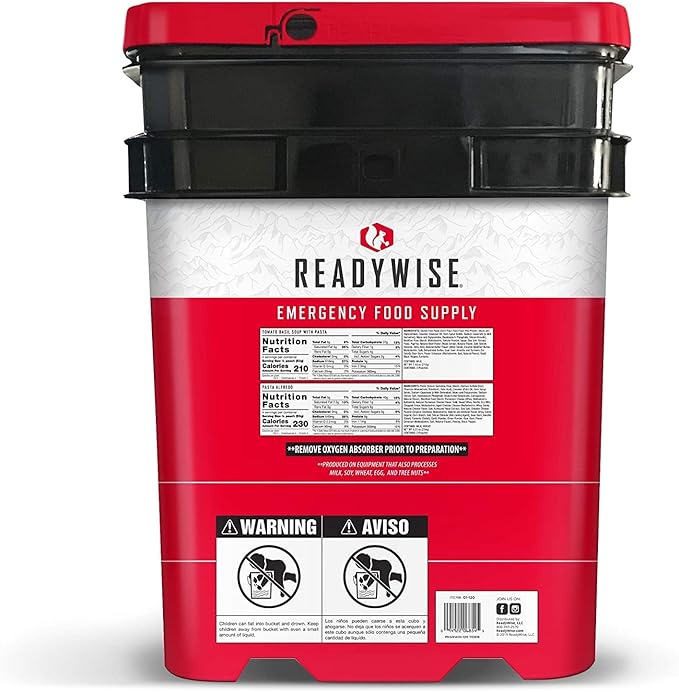 ReadyWise Cubo de Alimentos de Emergencia | 120 Porciones Liofilizadas para Almuerzo y Cena - 13 Recetas, 25 Años de Vida Útil