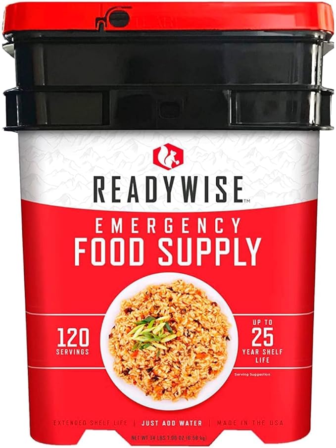 ReadyWise Cubo de Alimentos de Emergencia | 120 Porciones Liofilizadas para Almuerzo y Cena - 13 Recetas, 25 Años de Vida Útil