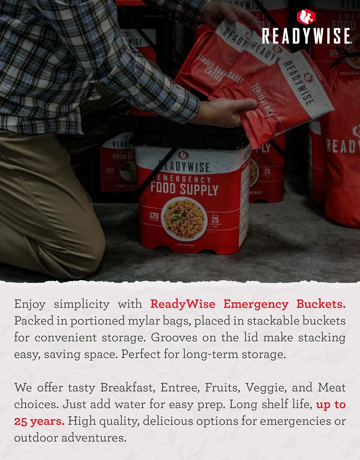 ReadyWise - 60 Porciones de Alimentos Liofilizados para Emergencias | 7 Días de Desayuno, Almuerzo y Cena con 25 Años de Vida Útil