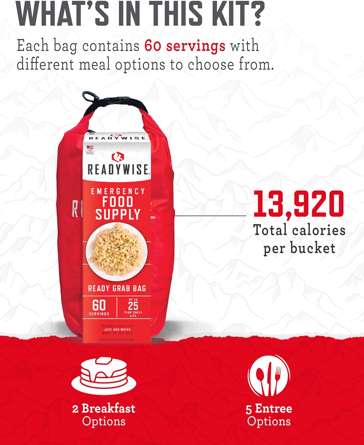 ReadyWise - 60 Porciones de Alimentos Liofilizados para Emergencias | 7 Días de Desayuno, Almuerzo y Cena con 25 Años de Vida Útil