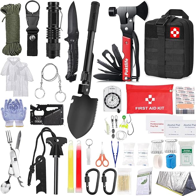 Kit de Supervivencia 163 en 1 Poktlife: Herramientas y Botiquín de Emergencia Compacto para Aventuras y Desastres