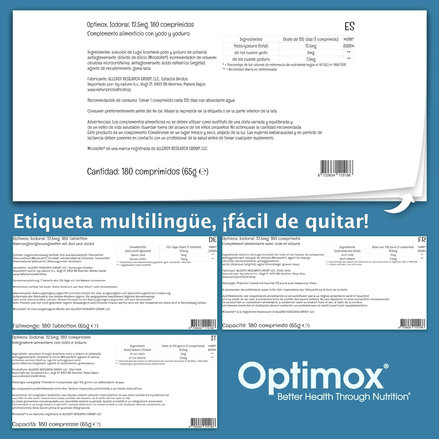 Optimox Iodoral 12,5mg - 180 Comprimidos Veganos | Yodo y Yoduro