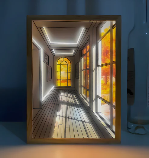 Autumn's Essence Captured: Corridor View with LED Window Drawings for Walls and Desks - Embrace Seasonal Beauty Indoors!