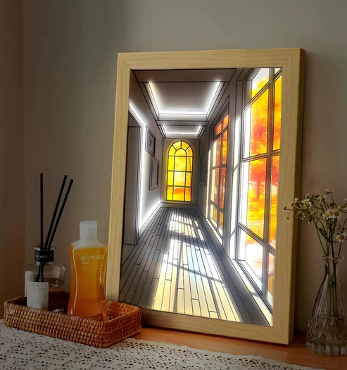 Autumn's Essence Captured: Corridor View with LED Window Drawings for Walls and Desks - Embrace Seasonal Beauty Indoors!