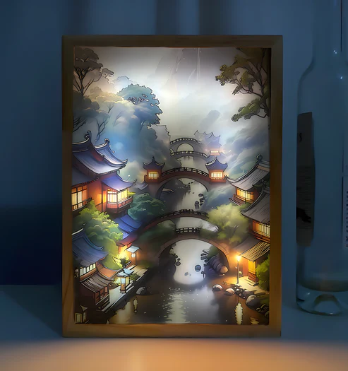 Find Your Zen: LED Drawing Frames for Wall and Desk Decor - Illuminate Your Space with Serene Village Vibes!