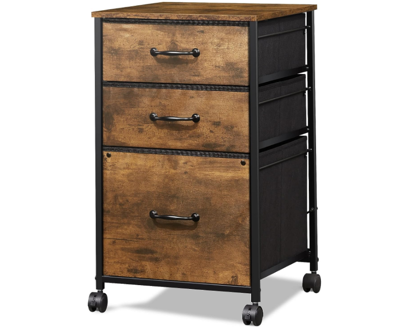 Mobile File Cabinet, Rolling Printer Stand with 3 Drawers, Fabric Vertical Filing Cabinet fits A4 or Letter Size for Home Office, Rustic Brown Wood Grain Print