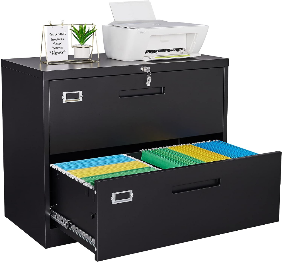 Metal Lateral File Cabinets with Lock,2 Drawer Steel Wide Filing Organization Storage Cabinets,Home Office Furniture for Hanging Files Letter/Legal/F4/A4 Size (Blcak-2 Drawer)