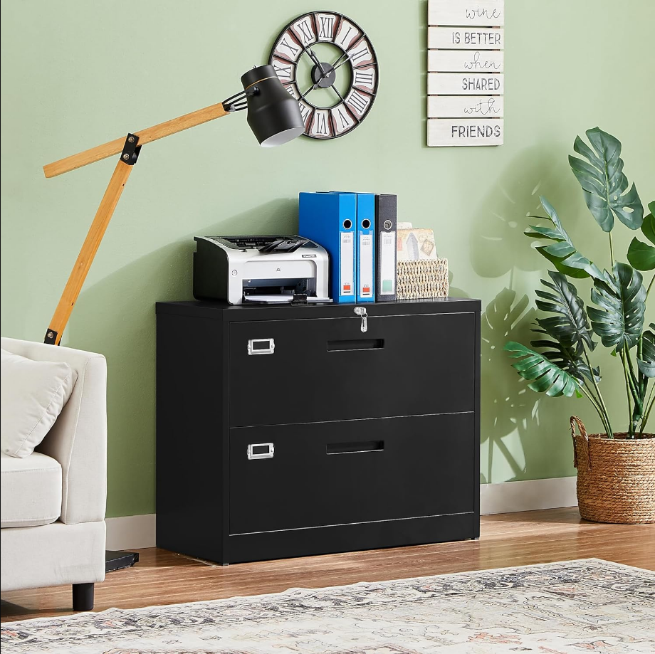 Metal Lateral File Cabinets with Lock,2 Drawer Steel Wide Filing Organization Storage Cabinets,Home Office Furniture for Hanging Files Letter/Legal/F4/A4 Size (Blcak-2 Drawer)