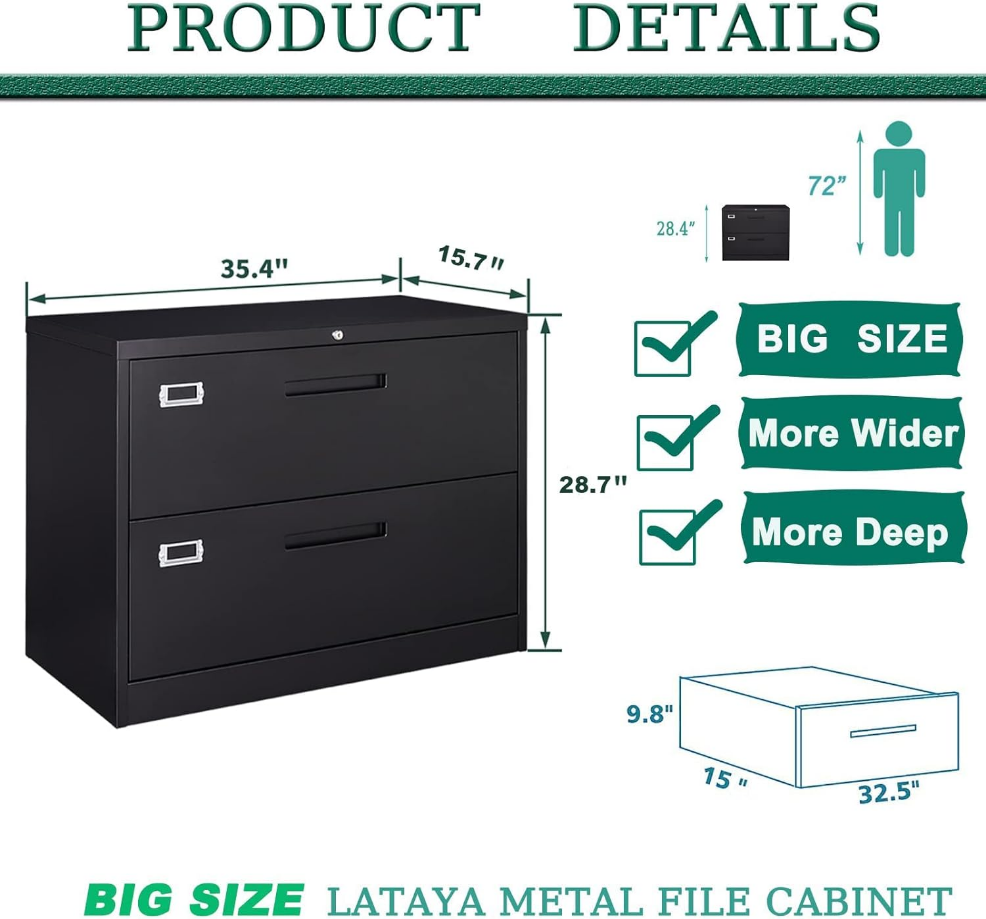 Metal Lateral File Cabinets with Lock,2 Drawer Steel Wide Filing Organization Storage Cabinets,Home Office Furniture for Hanging Files Letter/Legal/F4/A4 Size (Blcak-2 Drawer)