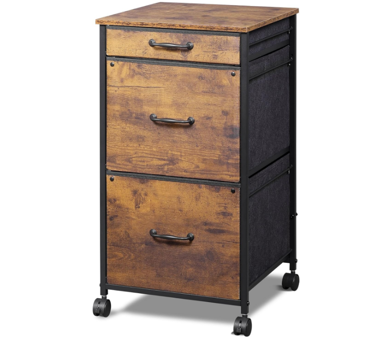 Mobile File Cabinet with 3 Drawers, Printer Stand with Fabric Drawers, Vertical Filing Cabinet fits A4 or Letter Size for Home Office, Rustic Brown Wood Grain Print