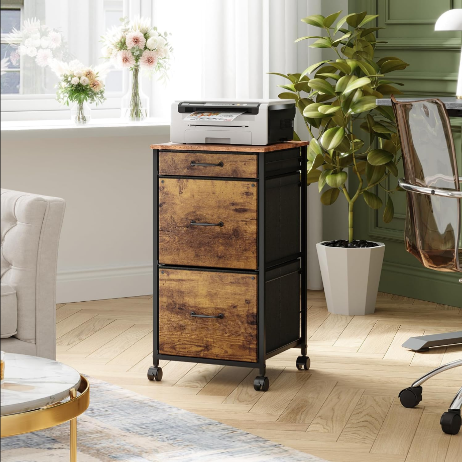 Mobile File Cabinet with 3 Drawers, Printer Stand with Fabric Drawers, Vertical Filing Cabinet fits A4 or Letter Size for Home Office, Rustic Brown Wood Grain Print