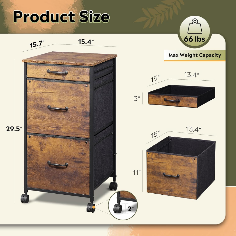 Mobile File Cabinet with 3 Drawers, Printer Stand with Fabric Drawers, Vertical Filing Cabinet fits A4 or Letter Size for Home Office, Rustic Brown Wood Grain Print