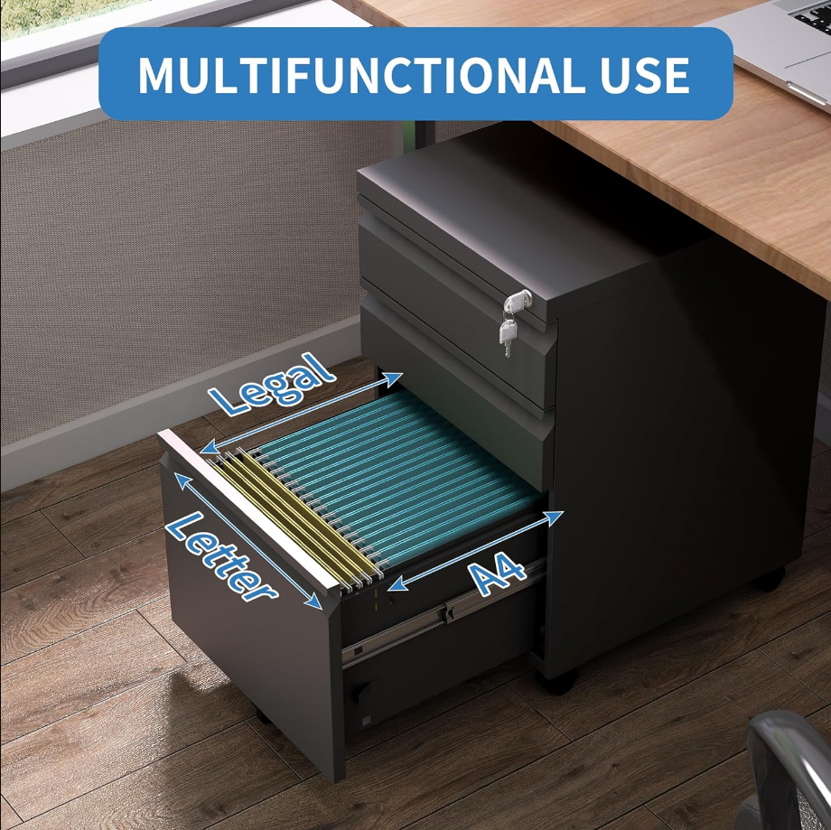 3 Drawer Mobile File Cabinet,Under Desk Metal Filing Cabinet with Lock and Wheels for Letter/Legal/A4 Size(Black)