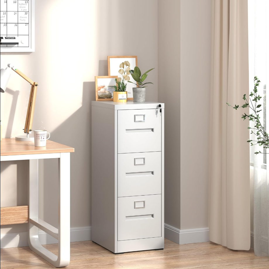 3 Drawer File Cabinet,Metal Filing Cabinets with Lock,White Vertical File Cabinet for Home Office,Heavy Duty Metal Storage Cabinet for A4/Letter/Legal Size File,Assembly Require