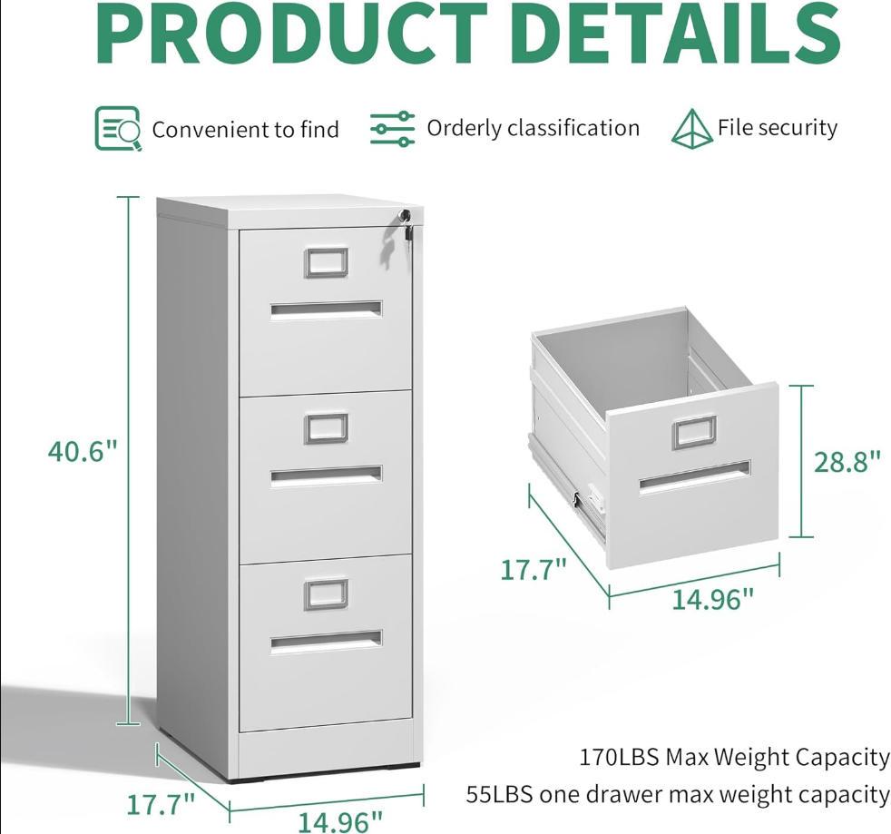 3 Drawer File Cabinet,Metal Filing Cabinets with Lock,White Vertical File Cabinet for Home Office,Heavy Duty Metal Storage Cabinet for A4/Letter/Legal Size File,Assembly Require