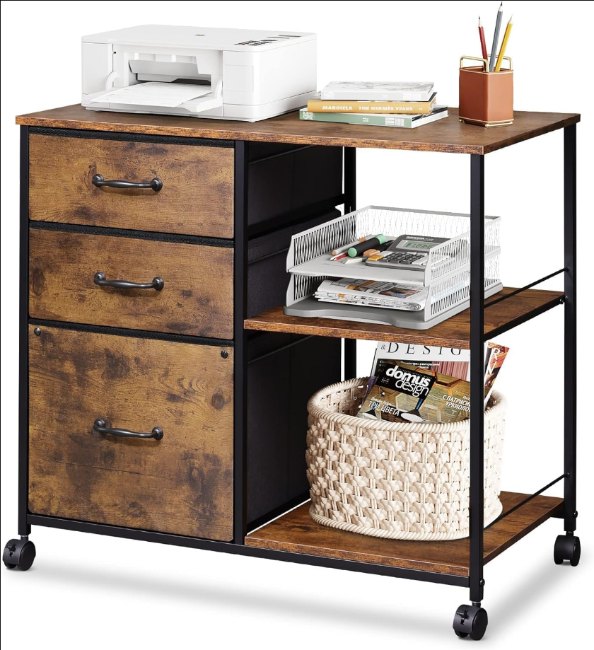 3 Drawer Mobile File Cabinet, Rolling Printer Stand with Open Storage Shelf, Fabric Lateral Filing Cabinet fits A4 or Letter Size for Home Office, Rustic Brown Wood Grain Print
