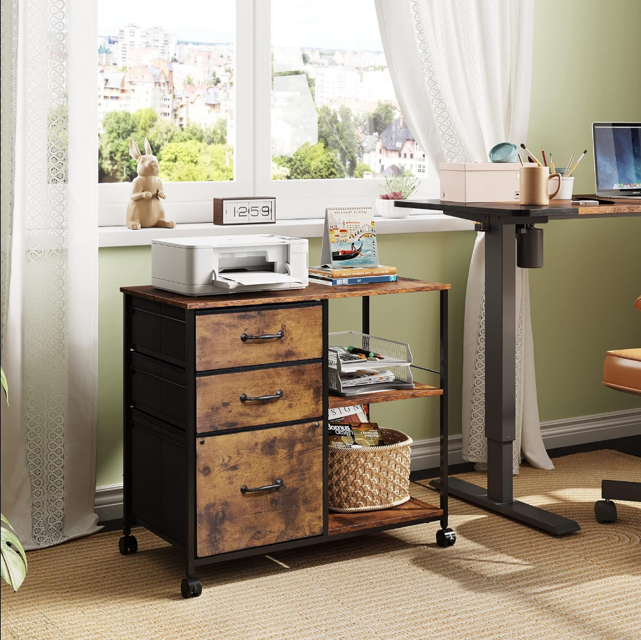 3 Drawer Mobile File Cabinet, Rolling Printer Stand with Open Storage Shelf, Fabric Lateral Filing Cabinet fits A4 or Letter Size for Home Office, Rustic Brown Wood Grain Print