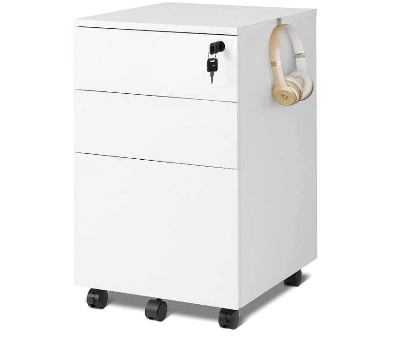 3 Drawer Rolling File Cabinet with Lock, Wood Under Desk Filing Cabinet fits Letter/Legal/A4 Size for Home Office, White