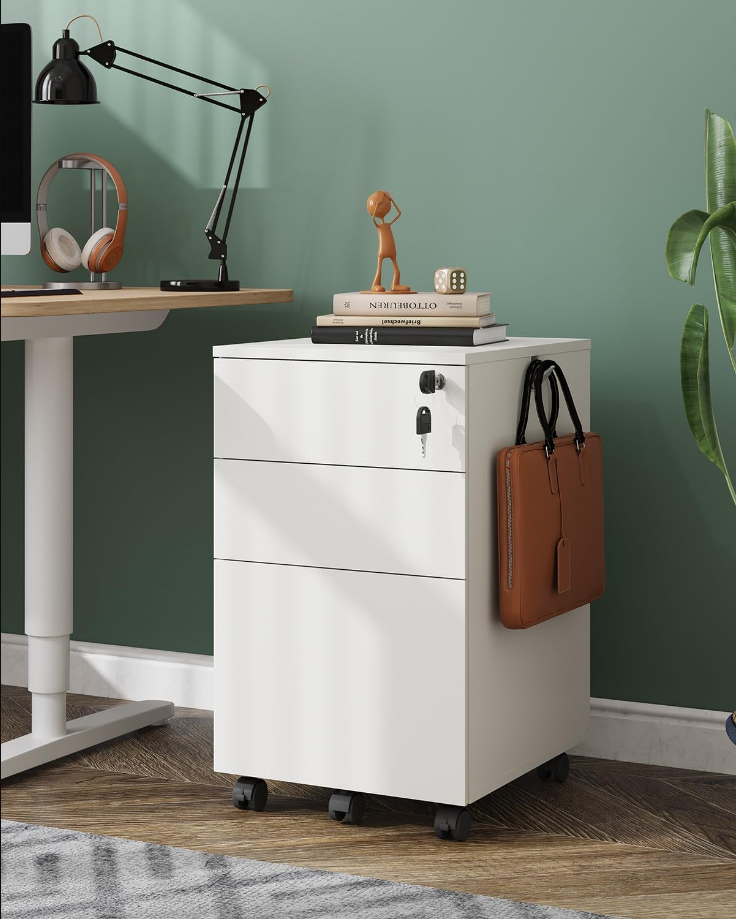 3 Drawer Rolling File Cabinet with Lock, Wood Under Desk Filing Cabinet fits Letter/Legal/A4 Size for Home Office, White